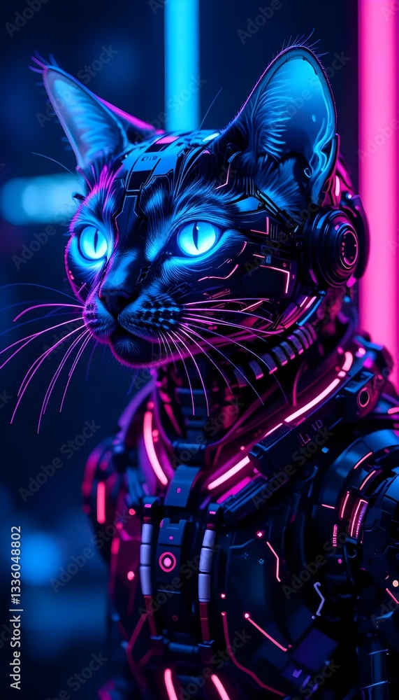 Fototapeta premium Cyberpunk Cat in Neon Armor