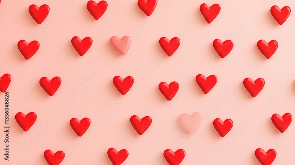 Wall decoration with red heart stickers, evenly scattered on a pastel pink wall in the same pattern. Wall decoration with red heart stickers, evenly scattered on a pastel pink wall in the same pattern.