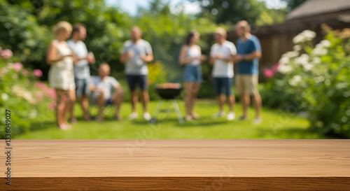Empty wooden table and blurred view of a group of people having BBQ barbecue outdoors. Wallpaper, Wood desk in front of a natural garden background. Summer lifestyle Concept, Background,outdoors, bar-