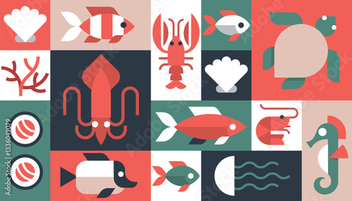 Seafood background vector geometric, set of icons Restaurant Cafe kitchen menu