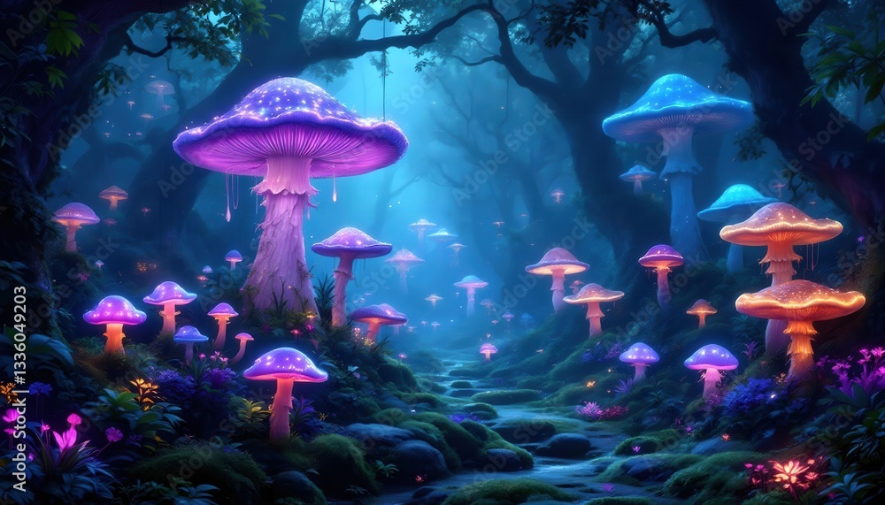 Fototapeta premium Glowing Mushroom Forest Fantasy Art Digital Painting