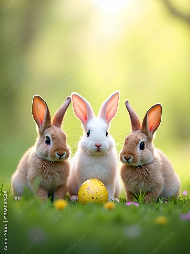 Obraz premium Adorable bunnies, Easter scene, fluffy rabbits, pastel colors, soft focus, springtime, green grass, yellow Easter egg, bokeh background, cute animal portrait, natural lighting, close-up shot, furry.