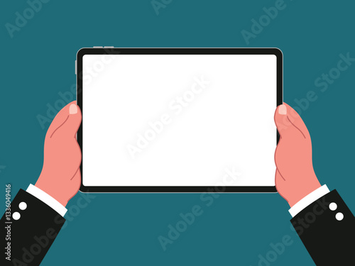 Wallpaper Mural Top view of hands using point and slide a blank tablet for social media, working, content creator, business or meeting flat vector illustration on white screen. Working on blank space tablet. Torontodigital.ca