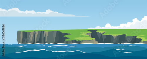 Beautiful scandinavian coastal cliffs. Steep coastline of rocks near water. Green cliffs and mountains near northern waters. Vector illustration of nature.