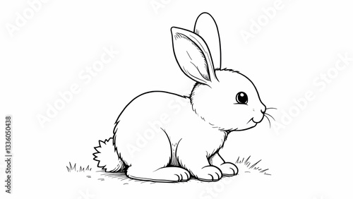 cute cartoon rabbit, white bunny, simple black and white line drawing, minimalist illustration, adorable animal sketch, side view, fluffy tail, long ears, grass blades, children's book style