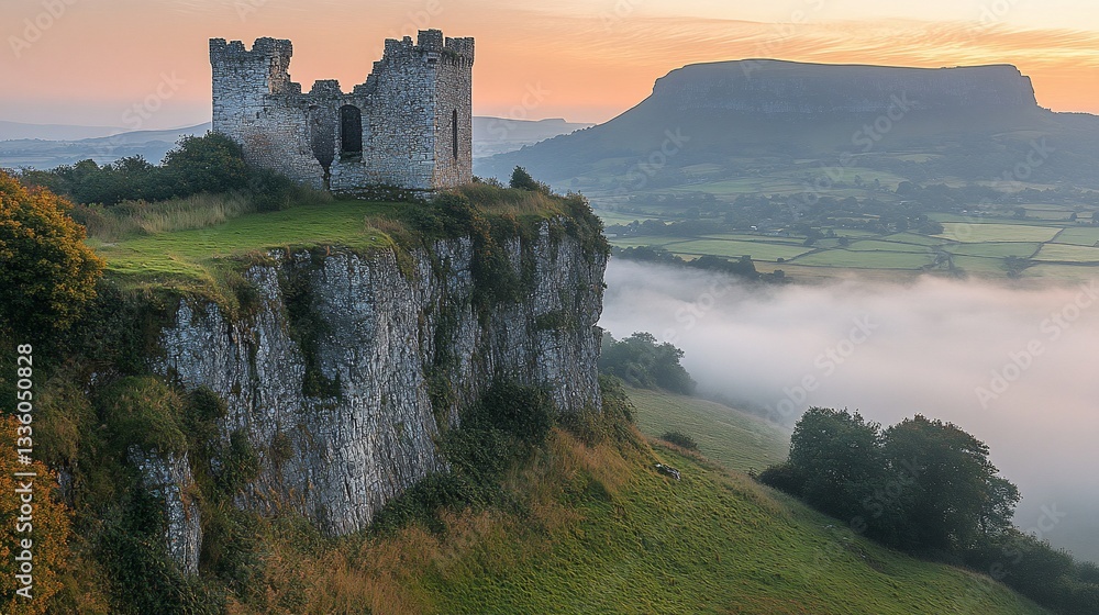 Fototapeta premium Sunrise over castle ruins perched atop a dramatic cliff overlooking a misty valley.