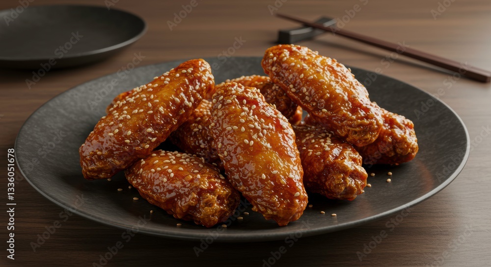 Delicious Sesame Glazed Chicken Wings on Dark Plate Close up Food Photography Delicious Sesame Glazed Chicken Wings on Dark Plate Close up Food Photography