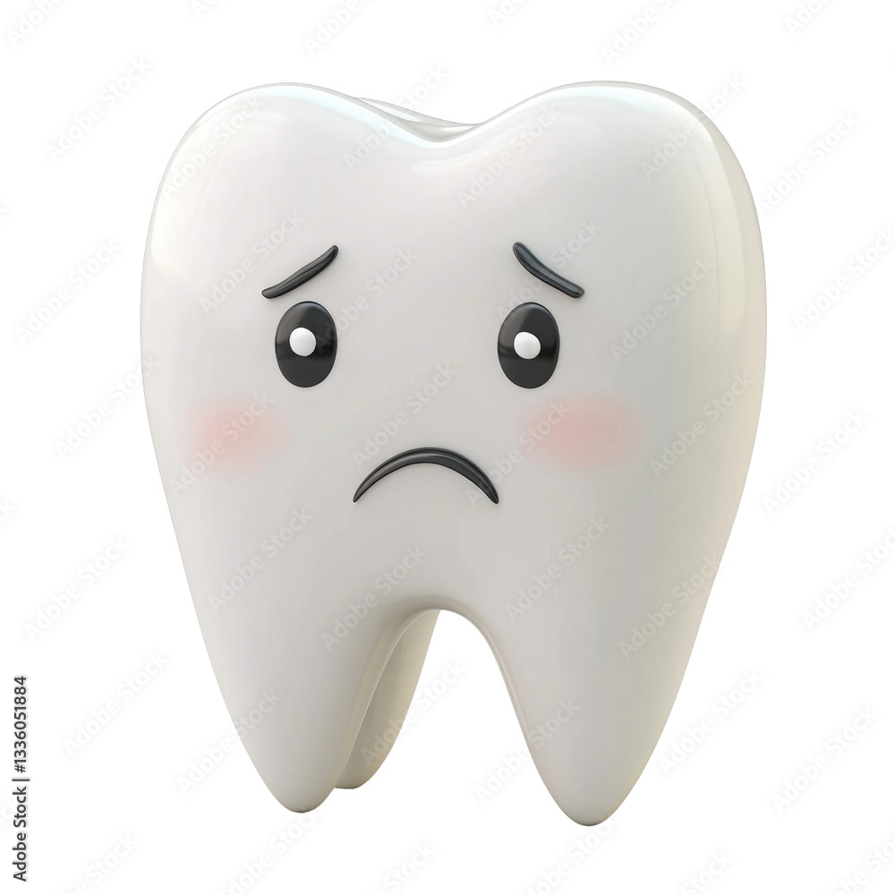A cartoon tooth character expresses sadness with big eyes and flushed cheeks. This character is designed to convey emotions in a playful and engaging way, appealing to children A cartoon tooth character expresses sadness with big eyes and flushed cheeks. This character is designed to convey emotions in a playful and engaging way, appealing to children