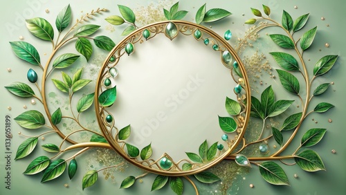 Elegant Golden Frame Adorned with Lush Green Foliage and Sparkling Gemstones