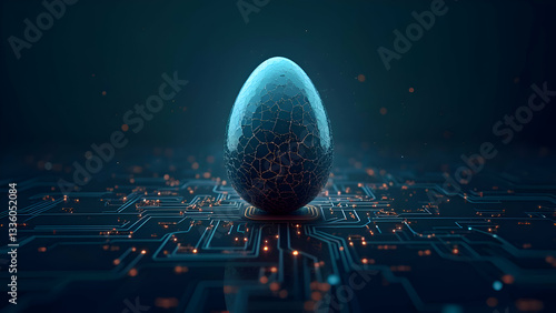 Glowing blue egg, circuit board base, digital landscape, futuristic technology, AI birth concept, neon lights, dark background, cyber embryo, high-tech incubation, data streams, neural network, sci-fi