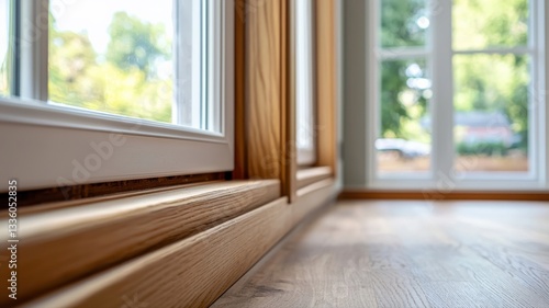 Close-up of a carpenter precisely cutting wooden trim to fit around windows and doors, showcasing skilled craftsmanship and detailed interior finishing work in residential construction.
