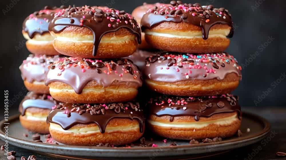 Stacked Chocolate Frosted Donuts with Colorful Sprinkles on Plate Stacked Chocolate Frosted Donuts with Colorful Sprinkles on Plate