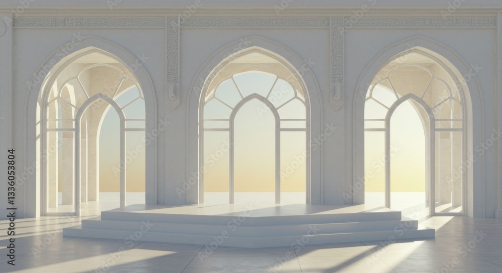 Fototapeta premium Serene White Palace Architecture with Sunlit Arches and Elevated Platform