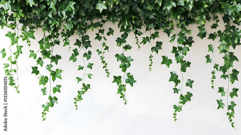 Fototapeta premium Green Ivy Vines Hanging on White Wall Background