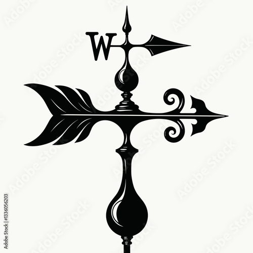 Stylized weather vane icon in black and white, directional symbolism