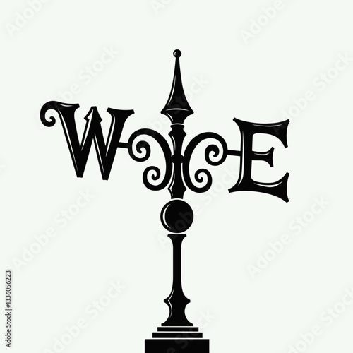 Monochrome weather vane icon with ornate design, wind direction symbolism