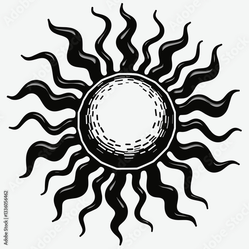 Monochrome heatwave sun icon with curling rays, summer symbolism