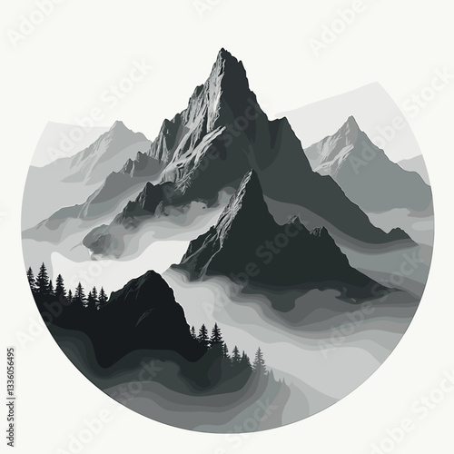 Misty mountains with curling fog in monochrome, artistic landscape