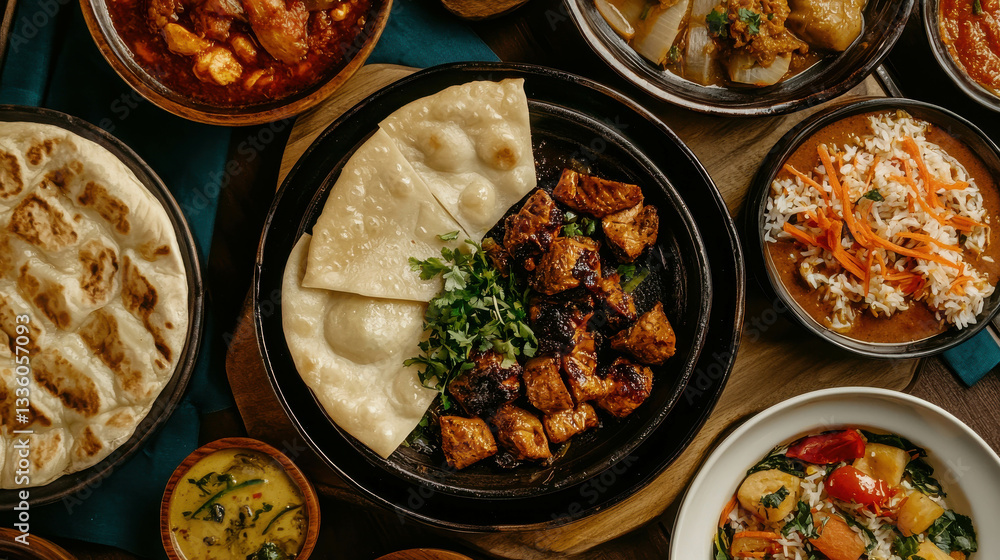 Delicious Indian Cuisine Platter with Chicken, Naan, Rice, and Assorted Dishes on a Table Delicious Indian Cuisine Platter with Chicken, Naan, Rice, and Assorted Dishes on a Table
