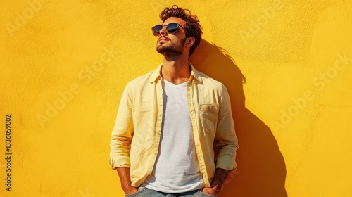 Photo of young excited man happy positive smile clubber dance party sunglass isolated over yellow color background