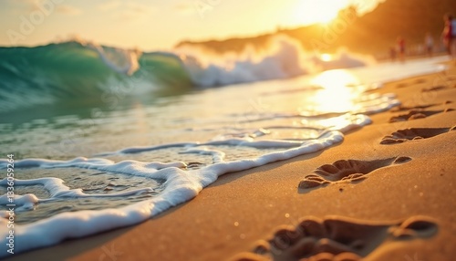 Beach with footprints representing tranquility with warm sunset background