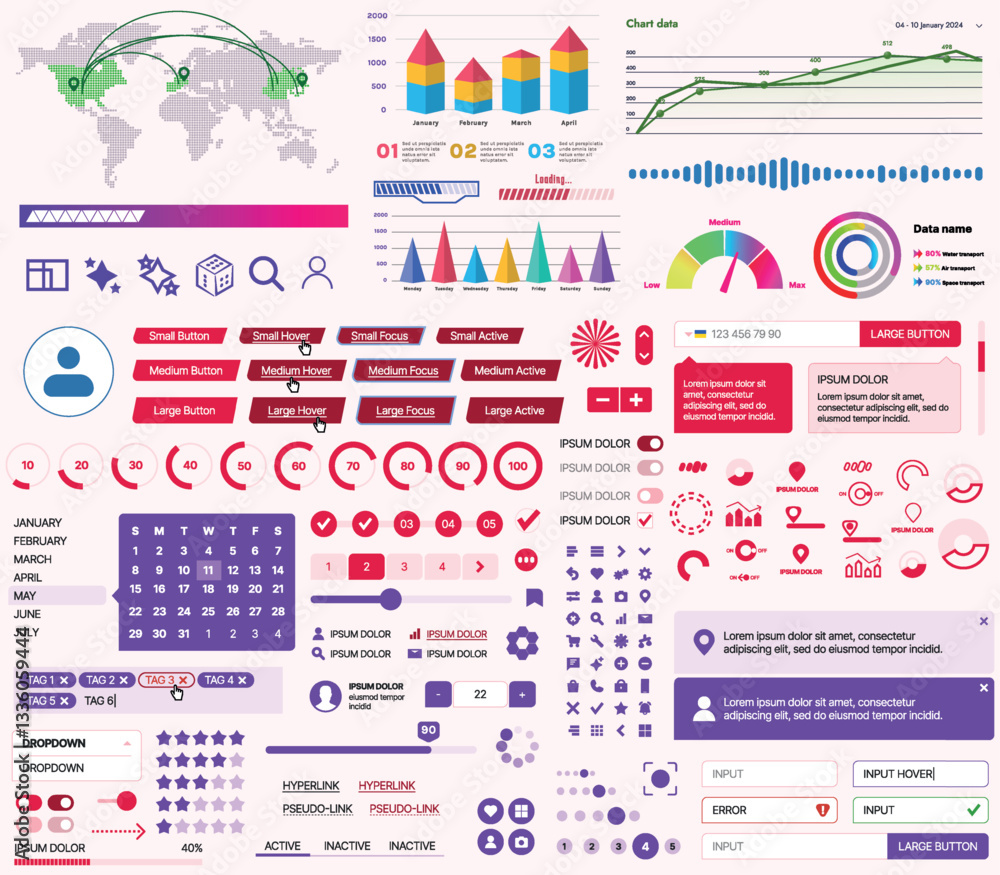 A set of UI UX elements for financial applications and platforms: buttons, panels, charts, calendars, and navigation elements in a modern design with an emphasis on analytics and control.