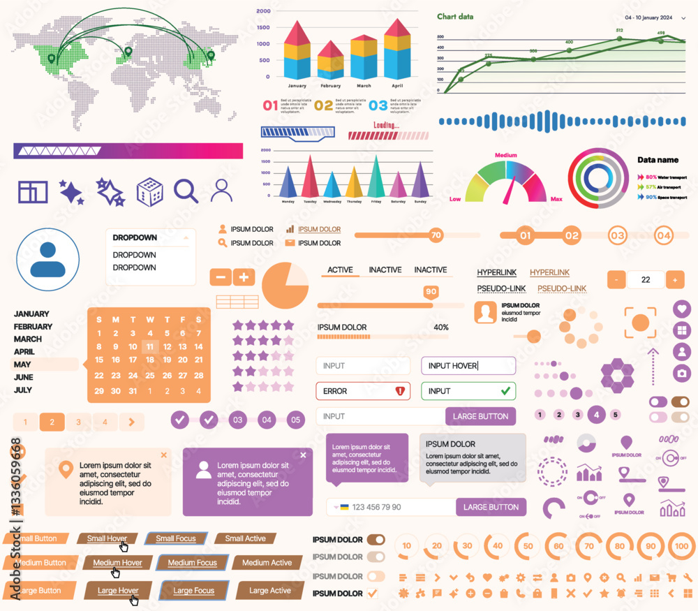 A set of UI UX elements for financial applications and platforms: buttons, panels, charts, calendars, and navigation elements in a modern design with an emphasis on analytics and control.