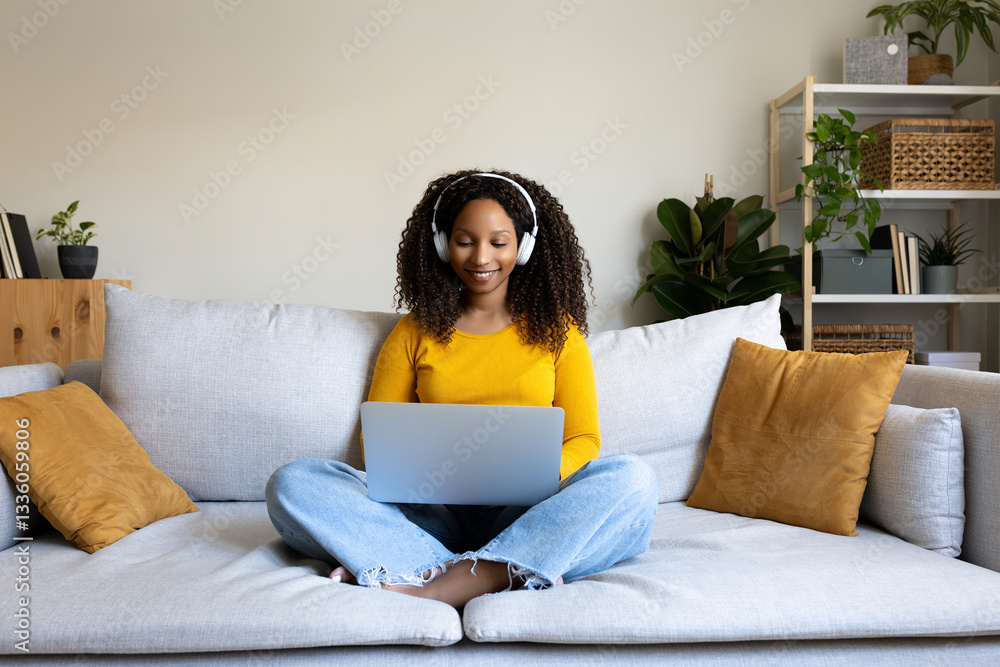Happy African american woman using laptop and headphones sitting on the couch. Happy African american woman using laptop and headphones sitting on the couch.
