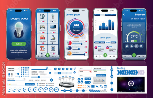 A set of UI UX elements for smart home management mobile apps: an interface with buttons, panels, graphs, and navigation for monitoring and controlling automation systems.