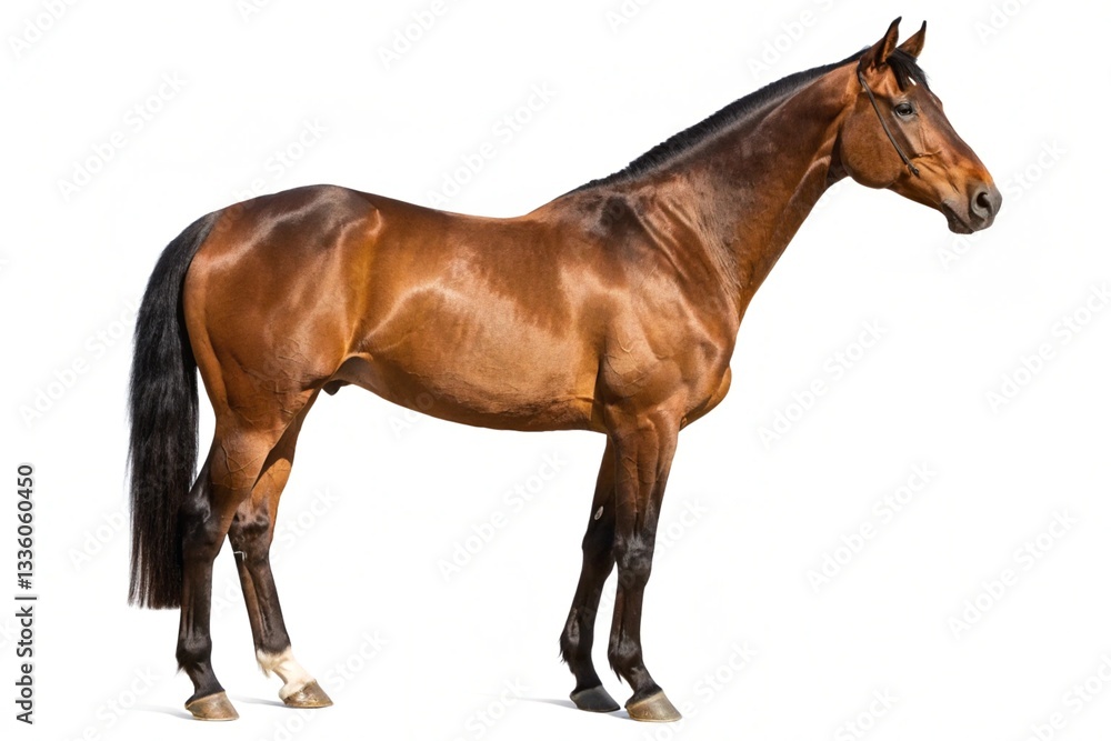 Naklejka premium Majestic Bay Sport Horse Galloping Isolated on White Background - Equestrian Thoroughbred Racing Stallion Image for Design Projects and Advertising