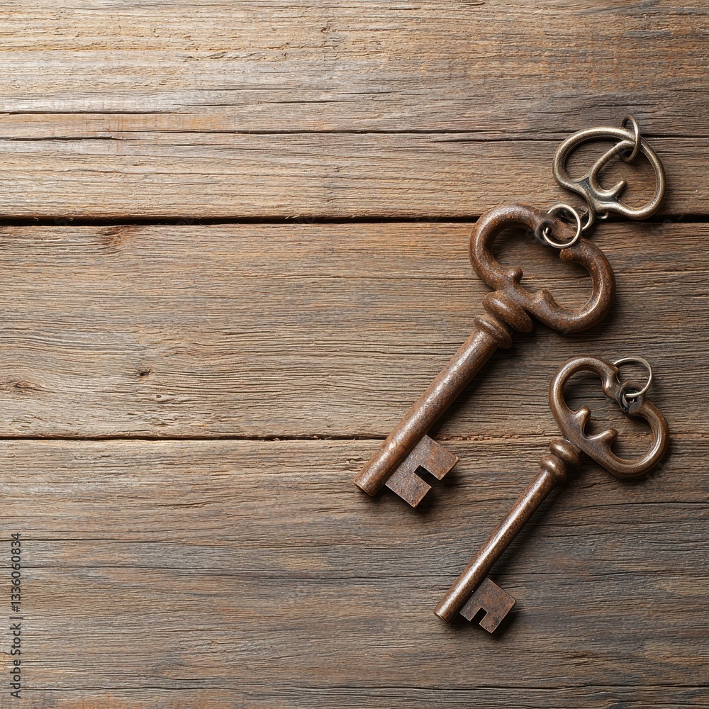 Two Rusty Antique Keys on Brown Wooden Background Two Rusty Antique Keys on Brown Wooden Background