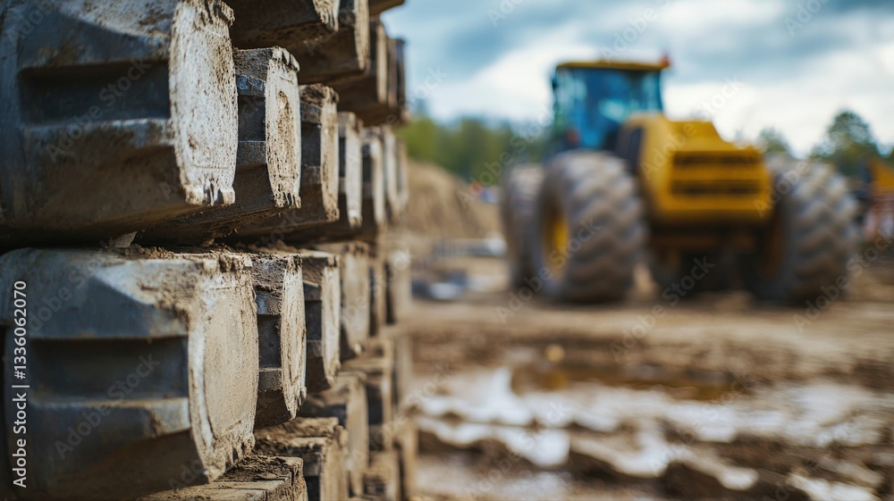 Fototapeta premium Close-up of neatly stacked concrete blocks on a construction site, showcasing building materials ready for installation, emphasizing texture, durability, and construction preparation. 