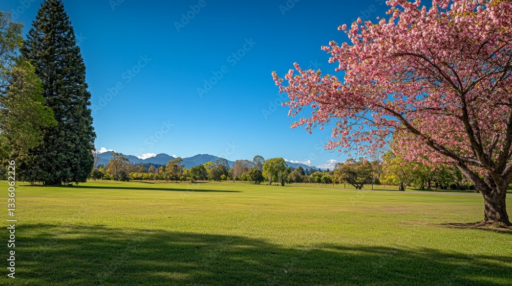 Serene spring landscape with cherry blossom and mountain view Serene spring landscape with cherry blossom and mountain view