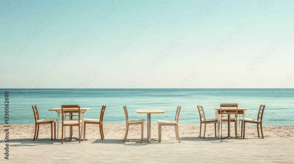 Empty beachside cafe tables under a clear sky. Possible stock photo use Travel, Vacation, Outdoor Dining Empty beachside cafe tables under a clear sky. Possible stock photo use Travel, Vacation, Outdoor Dining