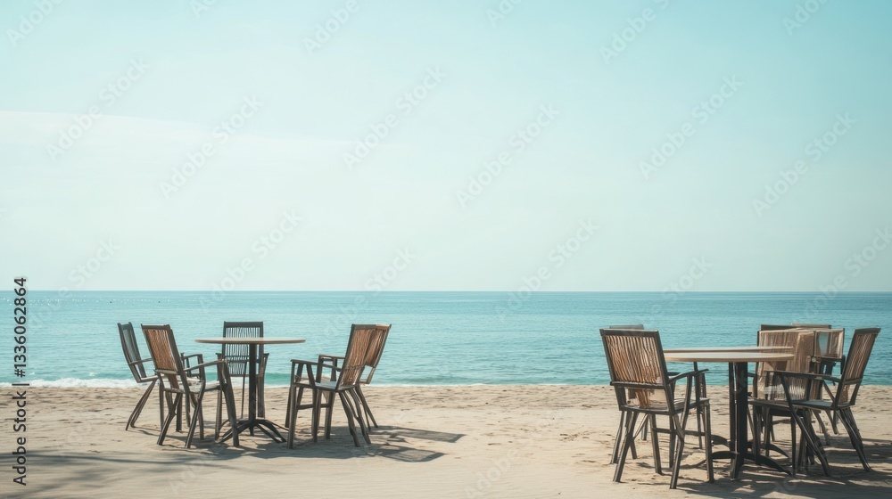 Empty beachside cafe tables on sunny day Empty beachside cafe tables on sunny day