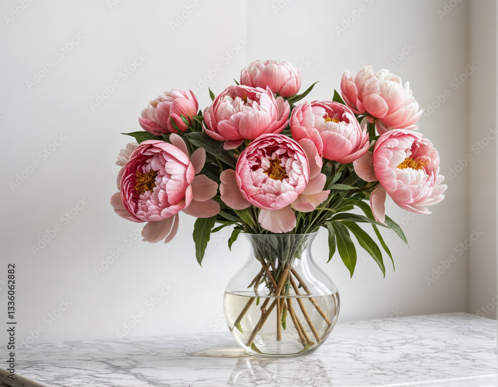 Obraz premium Beautiful fresh coral pink peony flowers in full bloom in the garden, close up. Summer natural flowery background. 