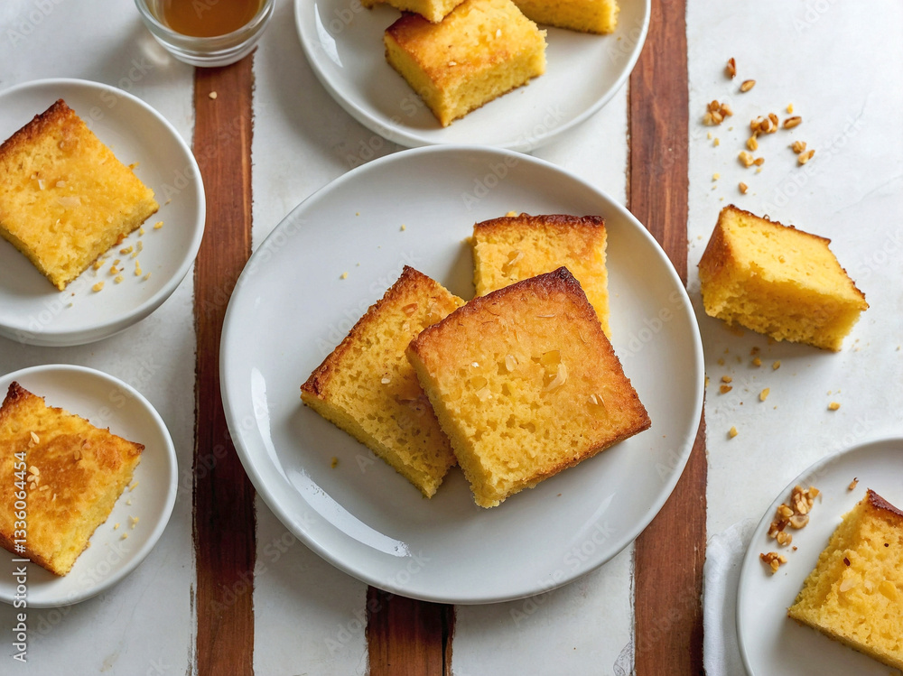Cornbread, arranged on a clean white plate. Cornbread, arranged on a clean white plate.