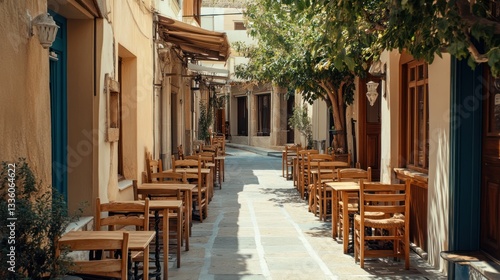 Fototapeta Naklejka Na Ścianę i Meble -  Greek Town Cafe Alleyway Sunlight