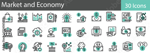Market and Economy Line Icons Set. Collection of 30 outline icons representing economic concepts, market trends, and financial tools. Editable stroke vector illustration.