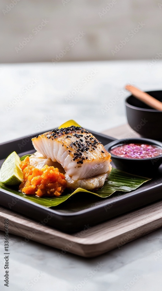 Savoring the rich flavors of Otak-Otak with sambal and lime on a warm plate Savoring the rich flavors of Otak-Otak with sambal and lime on a warm plate