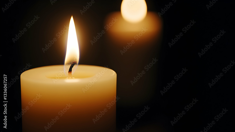 Lit candle glowing softly in dark ambience. Lit candle glowing softly in dark ambience.