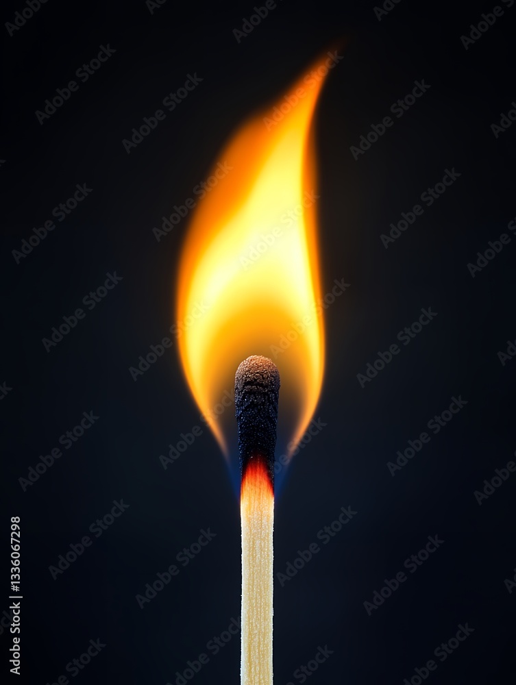 A single burning matchstick with a bright orange flame against a dark background shown close up A single burning matchstick with a bright orange flame against a dark background shown close up