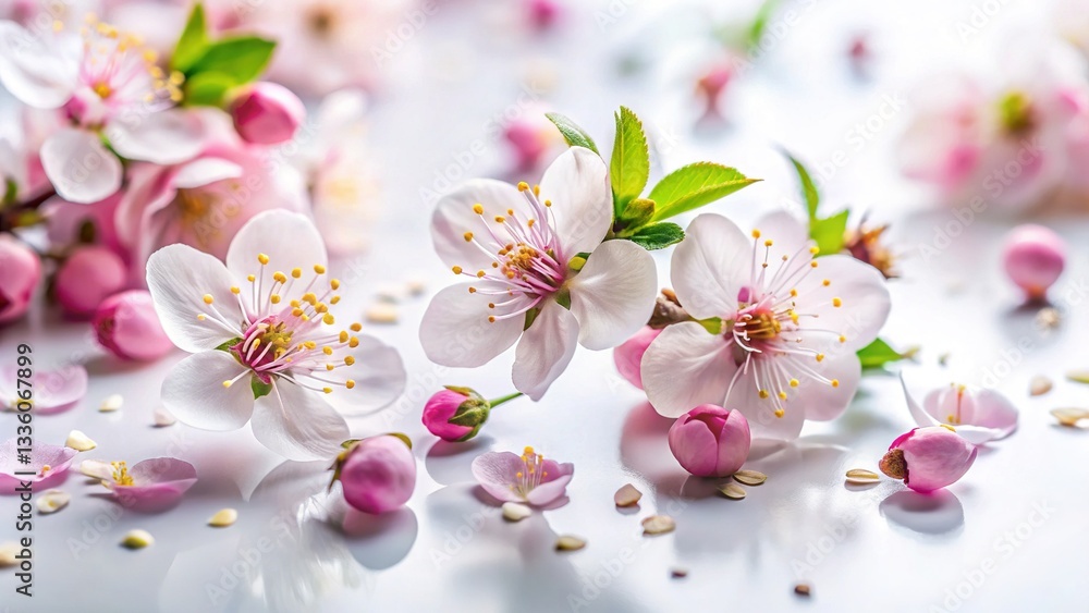 Fresh Blossom Macro: Flat Lay White Background with Splash Effect Fresh Blossom Macro: Flat Lay White Background with Splash Effect