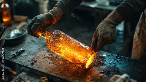 Artisan Shaping Molten Glass Bottle in Traditional Workshop Setting