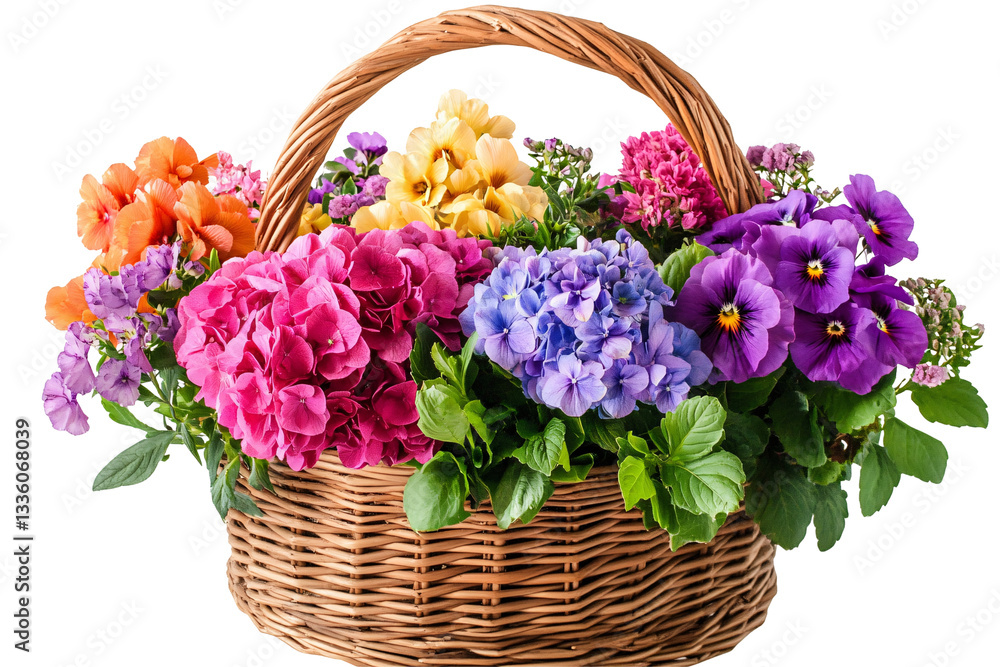 Colorful flower bouquet in wicker basket isolated on transparent background. Colorful flower bouquet in wicker basket isolated on transparent background.
