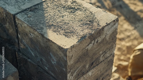Close-up of construction workers assembling concrete blocks to build house walls, highlighting teamwork, precision, and the masonry process in residential construction.
