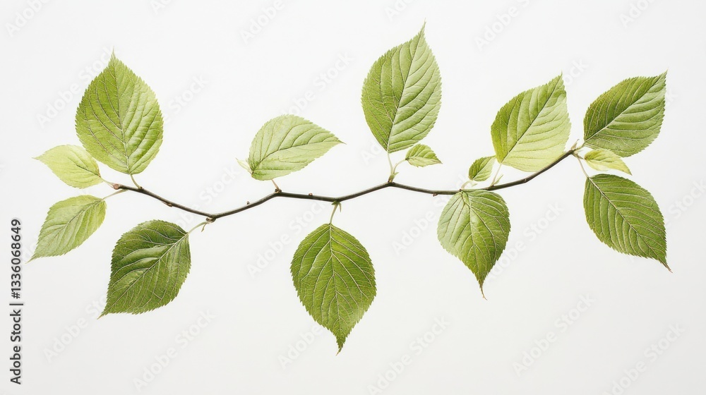 Fresh spring branch with vibrant leaves, isolated on white background, for nature-themed design Fresh spring branch with vibrant leaves, isolated on white background, for nature-themed design