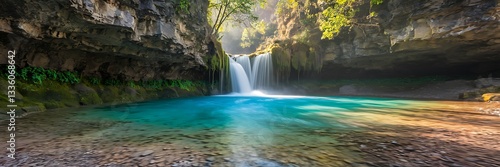 Mesmerizing Blue Waterfall in a Lush Green Forest – Serene Nature Scenery. blue waterfall, highlighting its mesmerizing turquoise or azure colors and contrasting scenery

