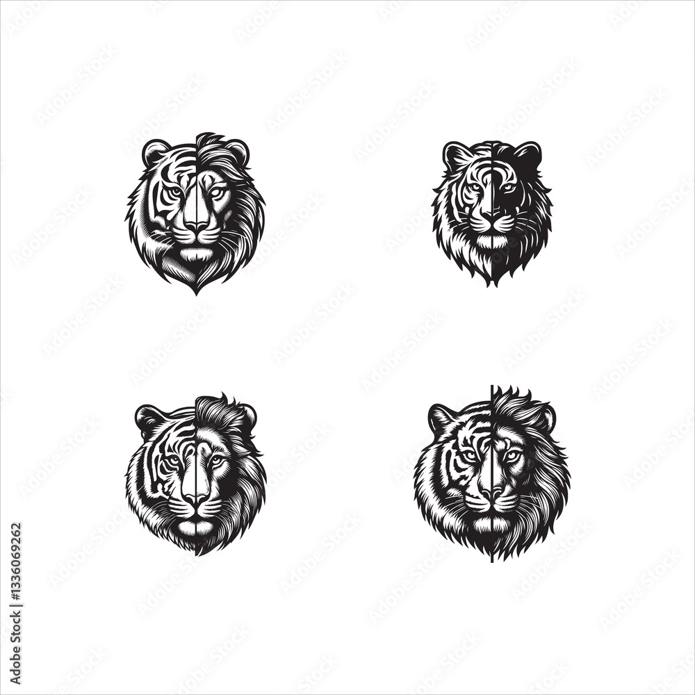 Fototapeta premium Fusion of Strength: Tiger and Lion Unite
