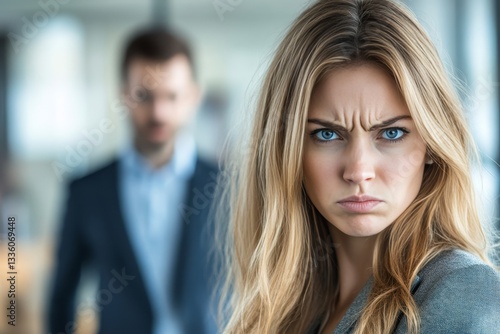 Wallpaper Mural Irritated blonde businesswoman in office with angry expression and blurred male figure behind her Torontodigital.ca